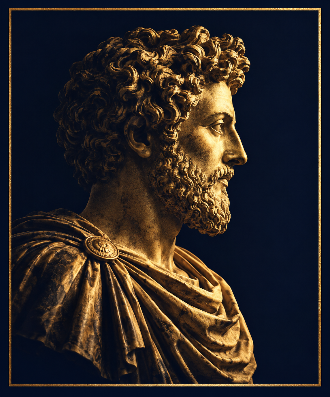 Gold Marcus Aurelius bust representing Stoic discipline and continuing education