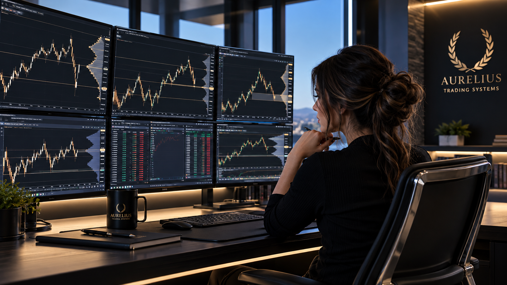 Female futures trader working at an Aurelius Trading Systems workstation